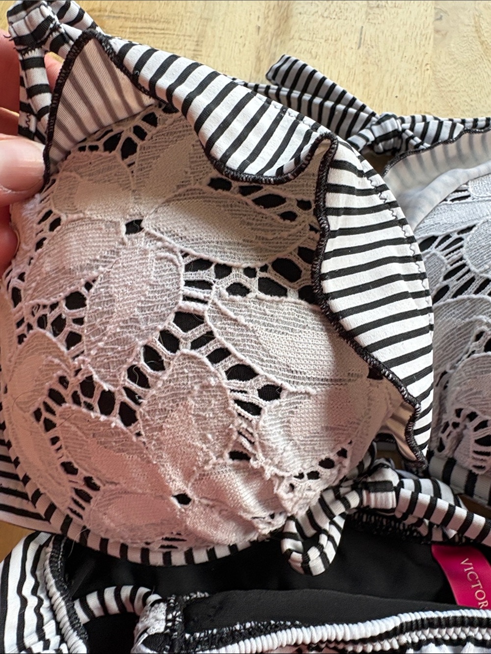 Victoria's Secret Bombshell Black and White Striped Lace Bikini Top eyelet lace